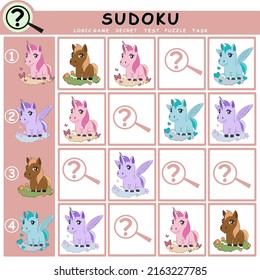 Pictures sudoku puzzle with cute cartoon pony. Educational logical game for children. Vector illustration.