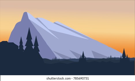 Pictures of towering mountains Have sky at sunrise Surrounded by trees Suitable for hiking and camping.
