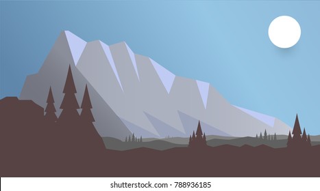 Pictures of towering mountains Have sky at sunrise Surrounded by trees Suitable for hiking and camping.