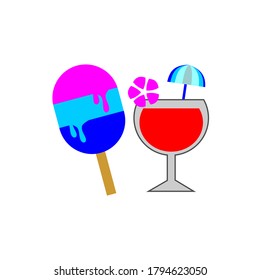 pictures of various colored ice cream shapes and glasses filled with red water on them are flowers and small umbrellas