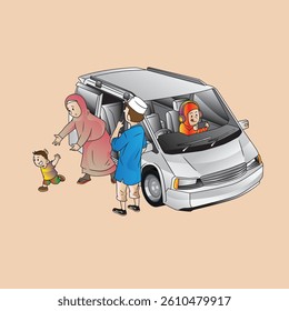 Pictures of Vector Family Vacation With Two Children in Car