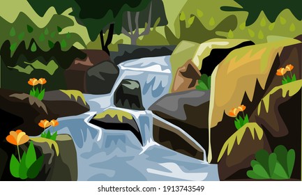 Pictures of waterfalls and streams flowing through the forest.Vector illustration of a modern nature.The water in the stream flows through the rocks.Natural scenery.