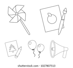 Pictures, a windmill, balloons. Set collection icons in outline style vector symbol stock illustration web.