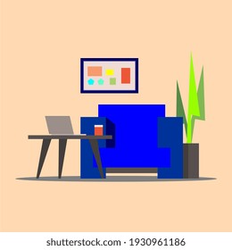 pictures of workspace complete with sofas, tables, laptops, flowers, photo frames, can be used for magazines, promotions, advertisements, brochures, billboards, posters, books.