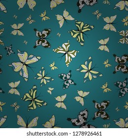Pictures in yellow, white and blue colors witg tropical butterflies. Vector butterflies pattern. Abstract seamless background. Perfect for wallpapers, web page backgrounds, surface textures, textile.