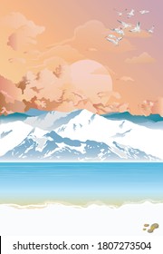 Picturesque arctic landscape with ocean and mountains set against a dawn or dusk pink sky