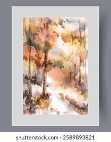 Picturesque autumn forest with colorful foliage on trees, on watercolor vertical poster. Forest or botanical garden with dense thickets due to lack of maintenance and improvement of territory