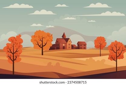 Picturesque autumn landscape. Countryside farm on rolling hills, surrounded by colorful trees, under a warm cloudy sky. Perfect for posters and banners celebrating the harvest season. not AI