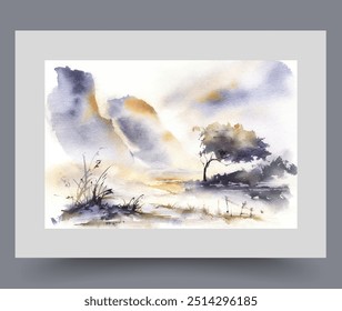 Picturesque autumn landscape with high mountains and sunset over swampy nature. Watercolor artwork with lonely tree growing on opposite bank of river or lake, during evening sunset