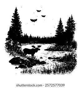 picturesque black and white vector landscape of a moose by a river, surrounded by tall trees and birds, crafted in a detailed and atmospheric wilderness style