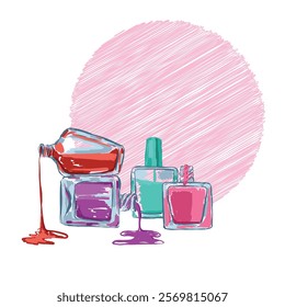 Picturesque bottles of nail polish. Background for nail salon design. Vector illustration