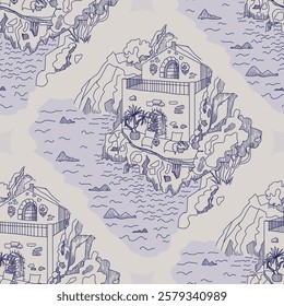 A picturesque coastal house sits on the edge of rocky cliffs, surrounded by calm waters and lush vegetation, showcasing intricate hand-drawn details and serene ambiance.