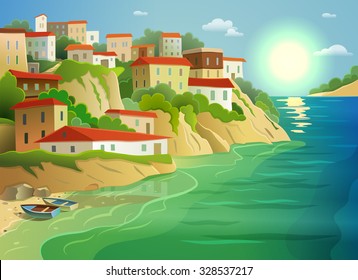 Picturesque coastal living village cottages on steep island shore decorative poster with fishing boats abstract vector illustration