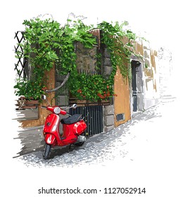 Picturesque corner of the old European city. The walls are covered with ivy, flowers in pots, a red scooter. Romantic hand drawn illustration in sketch style.