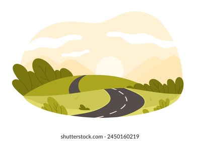 A picturesque country road winds through verdant hills under a golden sunset sky, hinting at the end of a tranquil day isolated