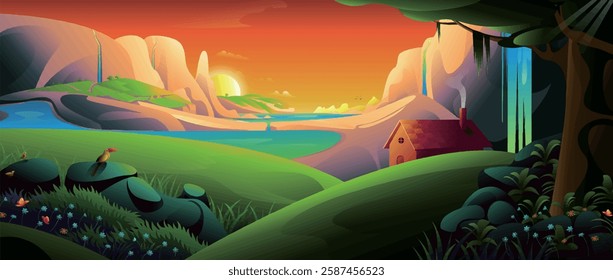 A picturesque countryside landscape at sunset, showcasing a quaint house, a winding river, and lush greenery with birds.