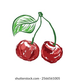 A picturesque drawing of two ripe cherries with a green leaf. Vector illustration