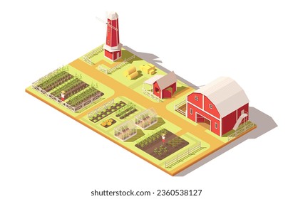 Picturesque farm landscape. Red barn, old windmill. Agriculture plants. Rural house, harvest season. Village in countryside. Farmland estate. Isometric vector illustration