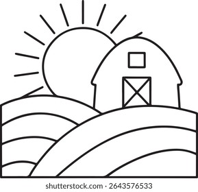 Picturesque Farm Scene with Barn, Sun, and Rolling Hills A Simple Black and White Illustration Depicting Rural Serenity, Ideal for Coloring Books or Educational Materials Depicting Agriculture