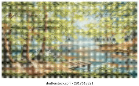 Picturesque forest landscape vector illustration featuring green trees vibrant foliage calm lake water and soft sunlight filtering through woods in nature.