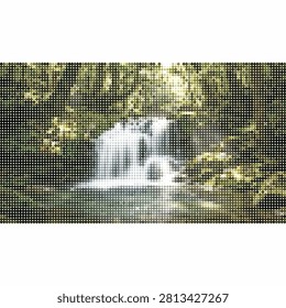Picturesque forest waterfall dropping into small clear pond vibrant green trees lush plants peaceful natural scenery vibe.