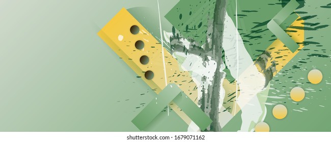 Picturesque green summer abstract banner, trendy paint splashes, muted colors with brush strokes