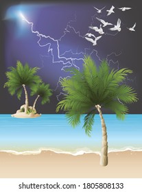 Picturesque holiday destination tropical island beach scene set against a dramatic lightning sky