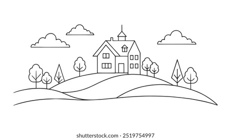 Picturesque house perched on a hill, surrounded by lush trees and a backdrop of fluffy clouds in a clear blue sky continuous line art flat vector illustration