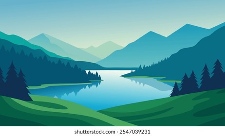 Picturesque lake encircled by verdant hills and grassy areas, showcasing a peaceful natural landscape flat vector illustration