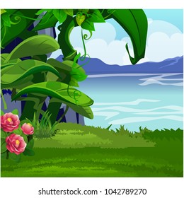 Picturesque landscape with a coast of the lake with green grass and pink flowers. Sketch of a beautiful poster or placard on the theme of wildlife nature. Vector cartoon close-up illustration.