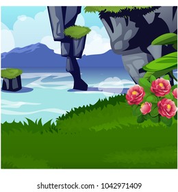 Picturesque landscape with a coast of the lake with green grass and pink flowers. Sketch of a beautiful poster or placard on the theme of wildlife nature. Vector cartoon close-up illustration.