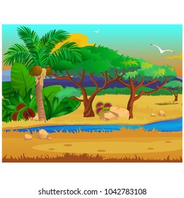 Picturesque landscape with a coconut palm tree, stones, carnivorous plants,
flying bird. Sketch of a beautiful poster or placard on the theme of wildlife nature. Vector cartoon close-up illustration.