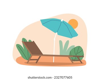 Picturesque Landscape with Cozy Daybed And Umbrella Basking Under The Sun. Surrounded By Lush Green Leaves