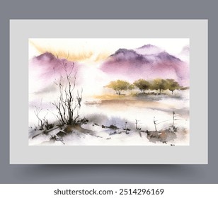 Picturesque landscape with dried tree with fallen leaves near river, and green forest. Morning sunrise on landscape with high mountains and plant that died due to environmental problems