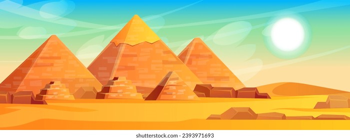 Paisaje pintoresco con pirámides egipcias. Vista panorámica de la maravilla del mundo africano. La atracción turística del desierto del Sahara, la antigua giza, engaña los monumentos. Ilustración del vector