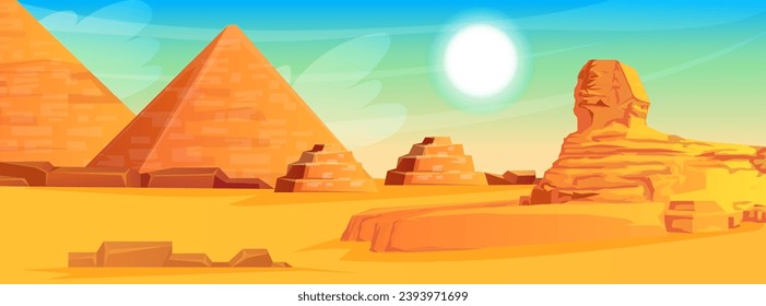 Picturesque landscape with Egyptian pyramids with sphinx. Scenic panoramic view on African world wonder. Sahara desert tourist attraction, ancient giza, cheops landmarks. Vector illustration