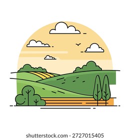 Eine malerische Landschaft mit grünen Hügeln und Feldern unter einem warmen gelben Himmel. Mehrere flauschige weiße Wolken ziehen über den Himmel. Im Vordergrund rechts stehen zwei stilisierte Bäume, links ein Büschelhaufen. Die Szene ist in einem sauberen, flachen Design mit fetten Umrissen gehalten, was auf einen hellen und ruhigen Tag auf dem Land hindeutet.