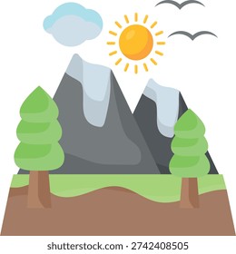 A picturesque landscape featuring mountains, trees, and a sunny sky dotted with clouds.