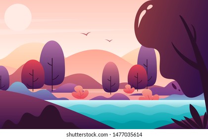 Picturesque landscape flat style vector illustration, autumn scenery backdrop.