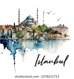 Picturesque landscape of Istanbul watercolor art Turkey
