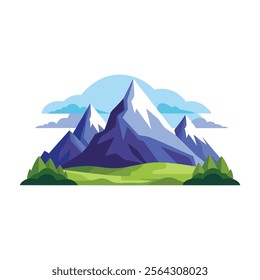 Picturesque landscape with majestic mountain peaks isolated flat vector illustration on white background