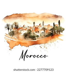 Picturesque landscape of Morocco watercolor art africa