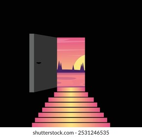 Paisagem pitoresca vista através de uma porta aberta com escadas. Metas nos negócios e alcançar o sucesso na arte vetorial