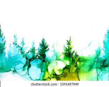 The picturesque landscape of spruce forest. mixed media. Vector illustration