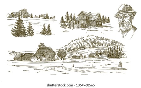 Picturesque landscape with traditional houses. Hand drawn set.