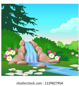 Picturesque landscape with a waterfall on the forest river. Sketch of a beautiful poster or placard on the theme of wildlife nature. Vector cartoon close-up illustration.