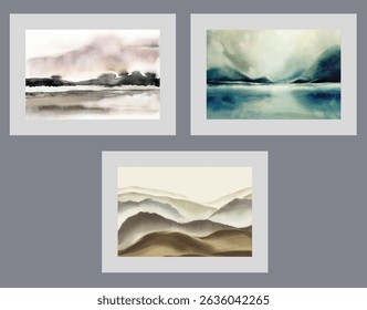 Picturesque landscapes with beautiful abstract nature similar to ocean or sea coast and hills in artworks. Watercolor landscapes with terrain for hiking or camping or fishing and hunting trips