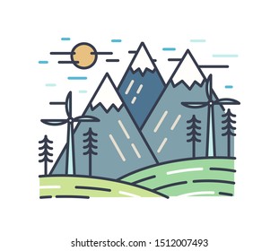 Picturesque line art landscape. Colorful scenery with high mountains and wind turbines surrounded by trees. Ecological concept of renewable energy. Vector illustration isolated on white background.