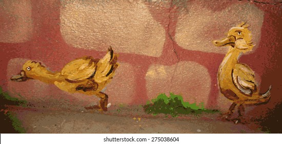 Picturesque little ducklings in the background wall