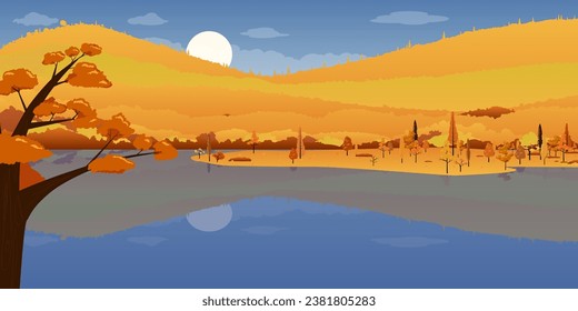 Picturesque mountain and lake in autumn, banner design. Vector illustration